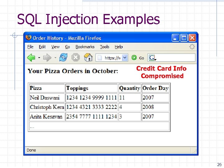 SQL Injection Examples Credit Card Info Compromised 26 