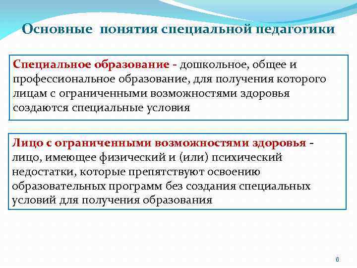 Основные понятия специальной педагогики Специальное образование - дошкольное, общее и профессиональное образование, для получения