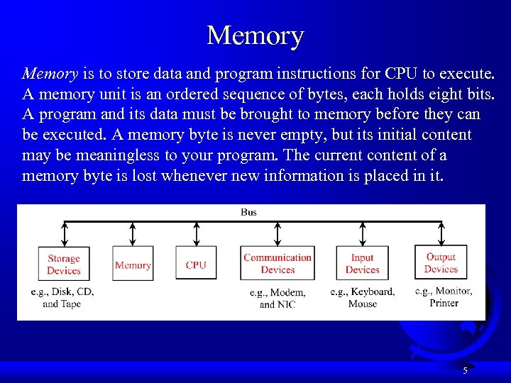 Memory is to store data and program instructions for CPU to execute. A memory