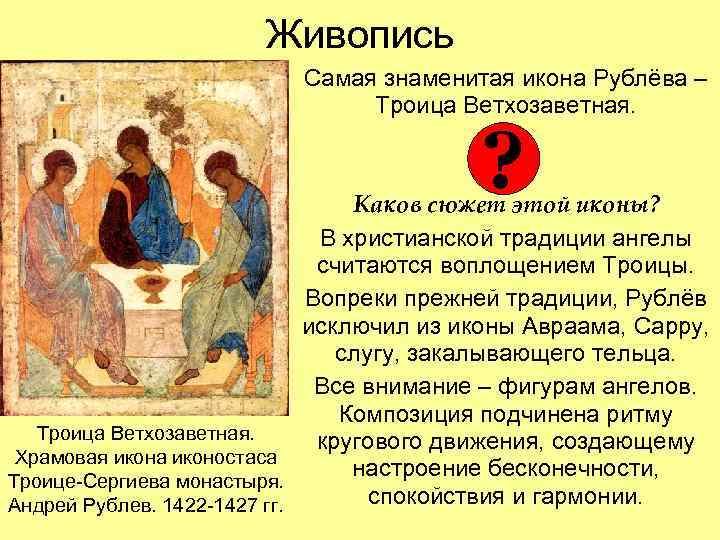 Живопись Самая знаменитая икона Рублёва – Троица Ветхозаветная. ? Каков сюжет этой иконы? В
