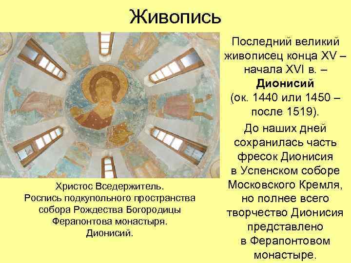 Живопись Христос Вседержитель. Роспись подкупольного пространства собора Рождества Богородицы Ферапонтова монастыря. Дионисий. Последний великий