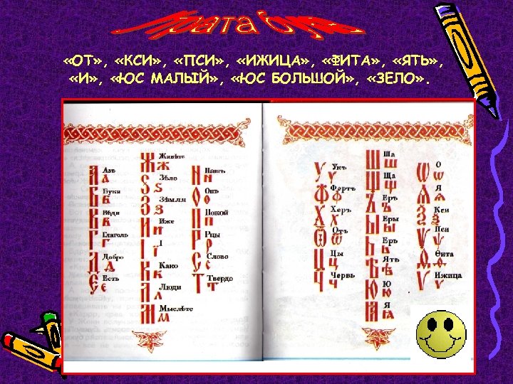  «ОТ» , «КСИ» , «ПСИ» , «ИЖИЦА» , «ФИТА» , «ЯТЬ» , «И»