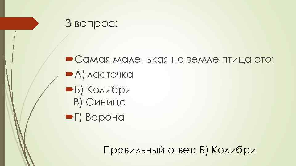 3 вопрос: Самая маленькая на земле птица это: А) ласточка Б) Колибри В) Синица