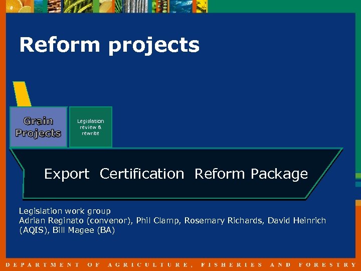 Reform projects Grain Projects Legislation review & rewrite Export Certification Reform Package Legislation work