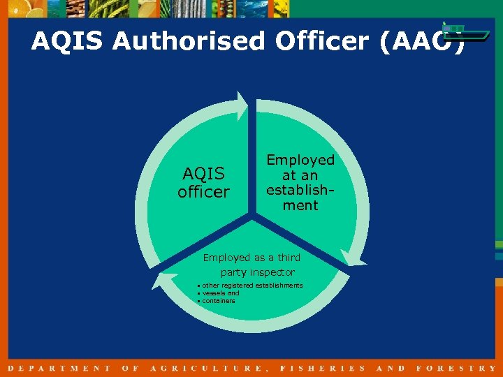 AQIS Authorised Officer (AAO) AQIS officer Employed at an establishment Employed as a third