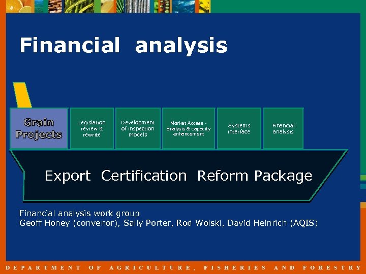 Financial analysis Grain Projects Legislation review & rewrite Development of inspection models Market Access