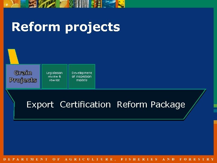 Reform projects Grain Projects Legislation review & rewrite Development of inspection models Export Certification