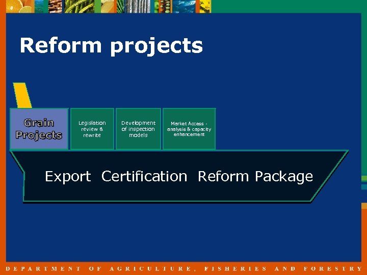 Reform projects Grain Projects Legislation review & rewrite Development of inspection models Market Access