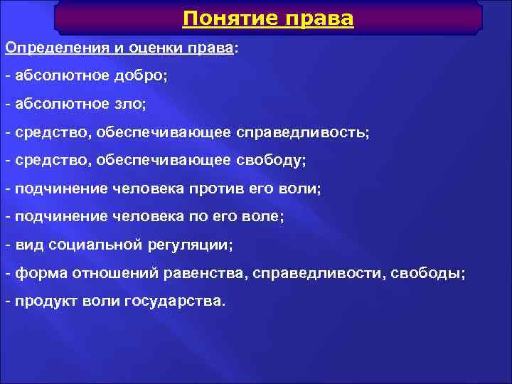 Понятие права Определения и оценки права: - абсолютное добро; - абсолютное зло; - средство,