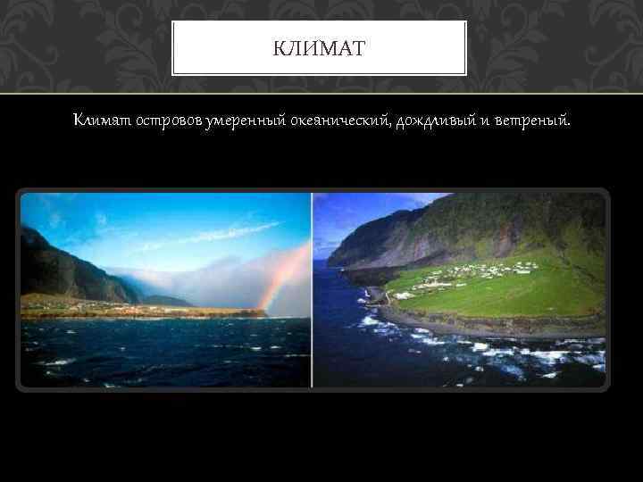 КЛИМАТ Климат островов умеренный океанический, дождливый и ветреный. 