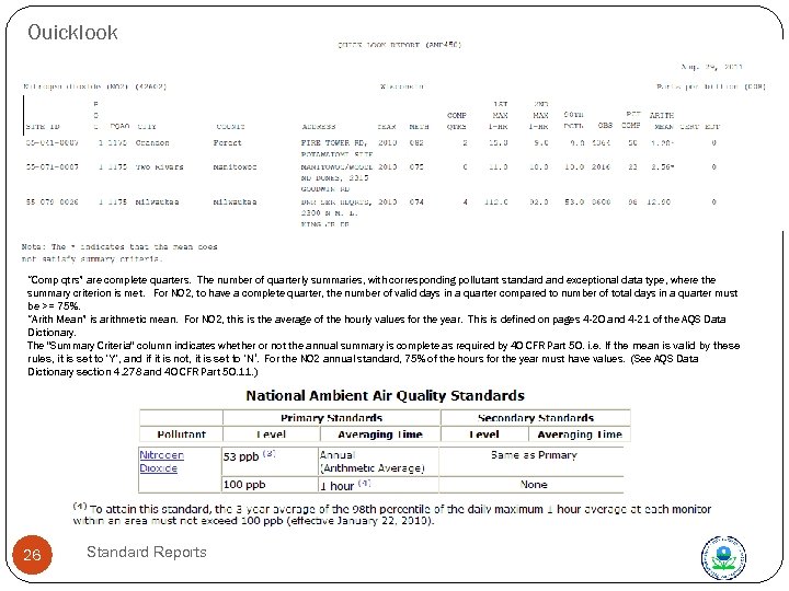 Quicklook “Comp qtrs” are complete quarters. The number of quarterly summaries, with corresponding pollutant