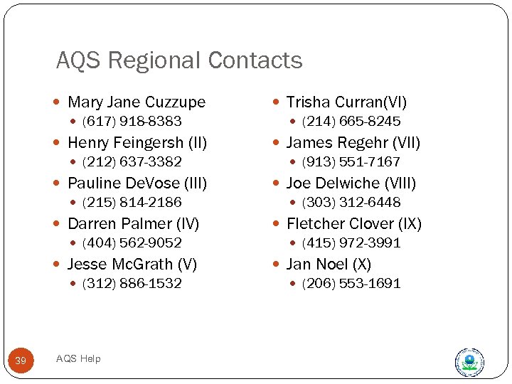 AQS Regional Contacts Mary Jane Cuzzupe (617) 918 -8383 Henry Feingersh (II) (212) 637