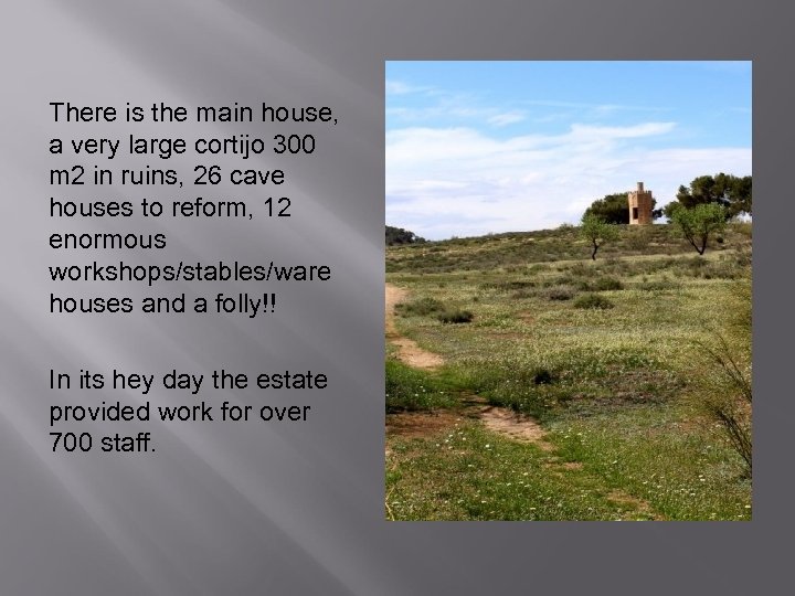 There is the main house, a very large cortijo 300 m 2 in ruins,