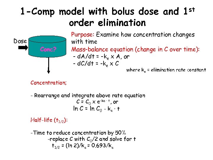 1 -Comp model with bolus dose and 1 st order elimination Dose Conc? Purpose: