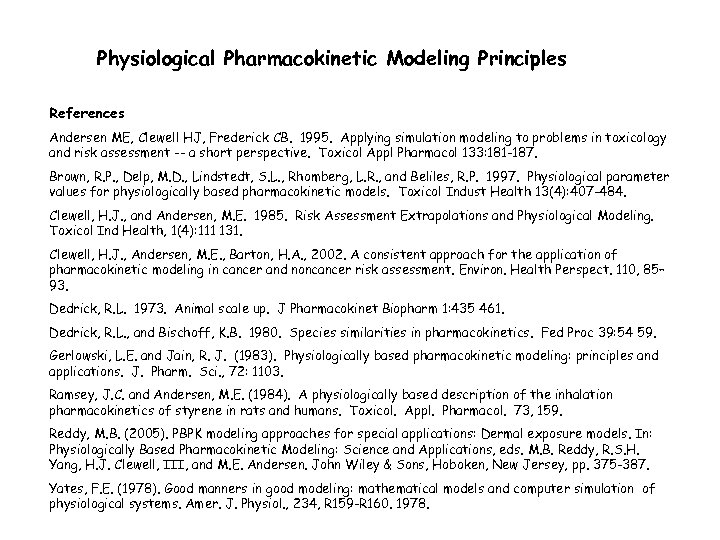 Physiological Pharmacokinetic Modeling Principles References Andersen ME, Clewell HJ, Frederick CB. 1995. Applying simulation