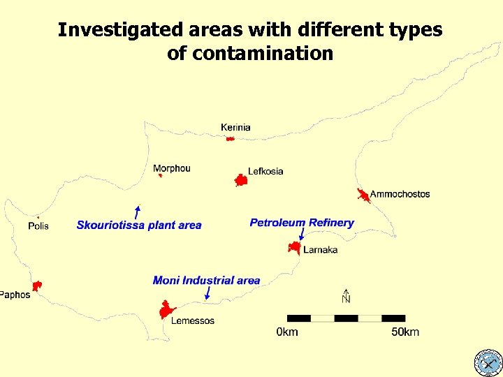 Investigated areas with different types of contamination 