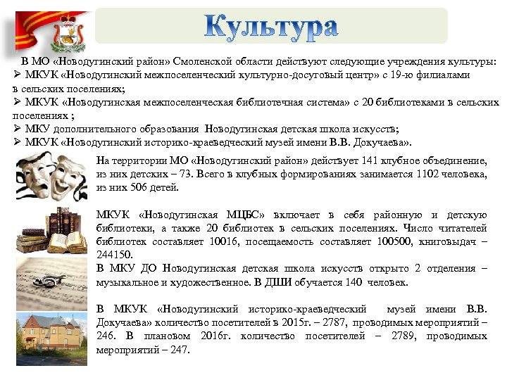  В МО «Новодугинский район» Смоленской области действуют следующие учреждения культуры: Ø МКУК «Новодугинский