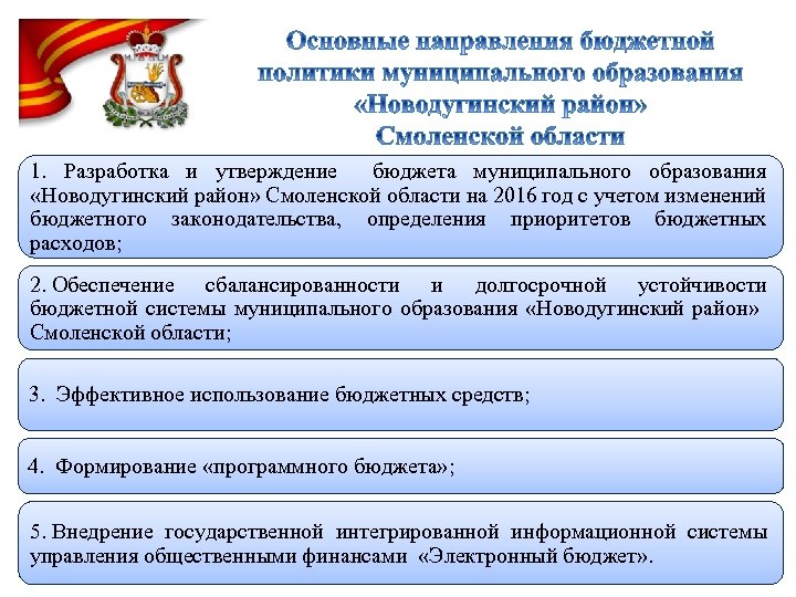 1. Разработка и утверждение бюджета муниципального образования «Новодугинский район» Смоленской области на 2016 год