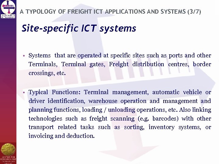 A TYPOLOGY OF FREIGHT ICT APPLICATIONS AND SYSTEMS (3/7) Site-specific ICT systems • Systems