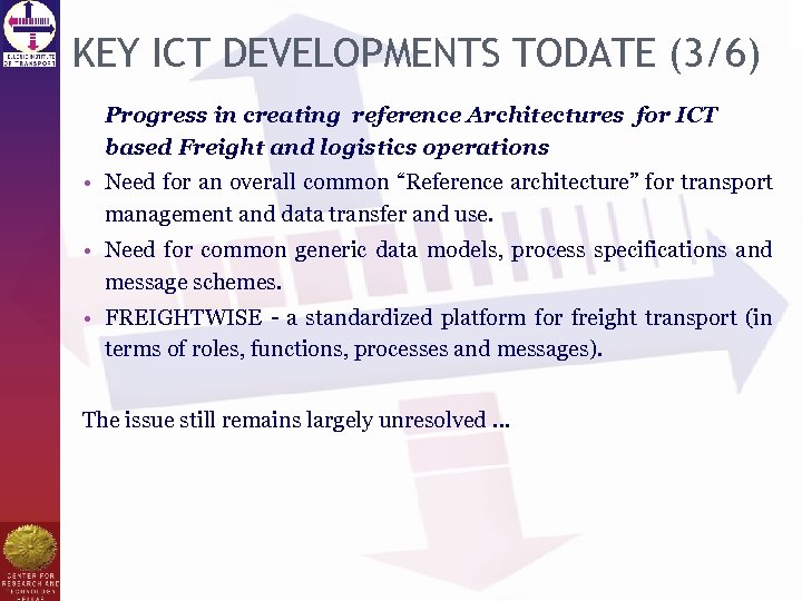 KEY ICT DEVELOPMENTS TODATE (3/6) Progress in creating reference Architectures for ICT based Freight