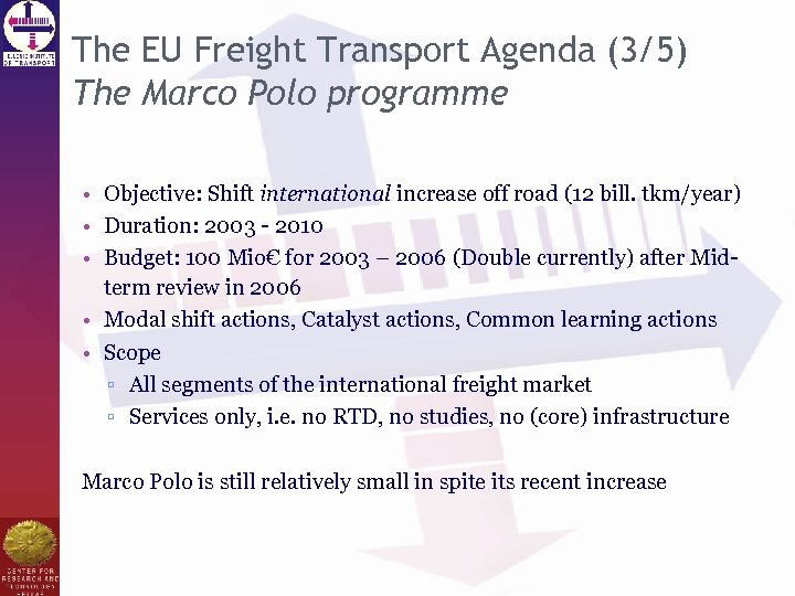 The EU Freight Transport Agenda (3/5) The Marco Polo programme • Objective: Shift international