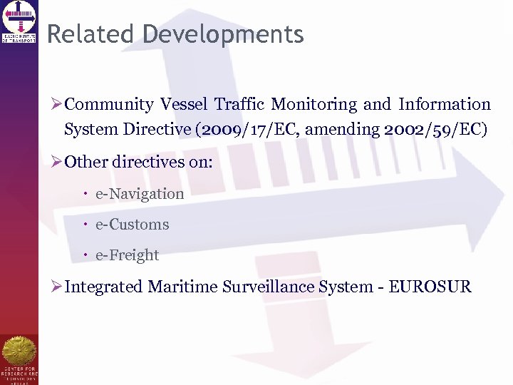 Related Developments ØCommunity Vessel Traffic Monitoring and Information System Directive (2009/17/EC, amending 2002/59/EC) ØOther