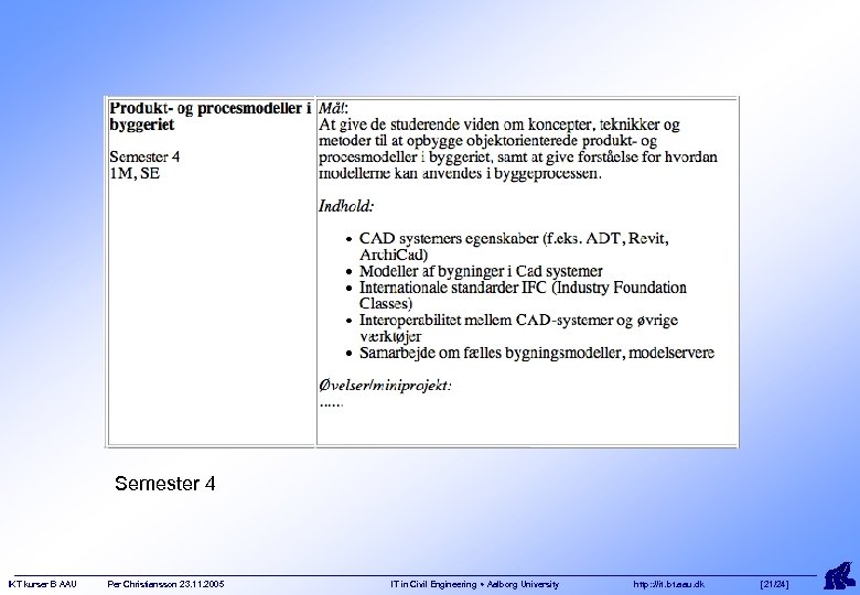 Semester 4 IKT kurser B AAU Per Christiansson 23. 11. 2005 IT in Civil