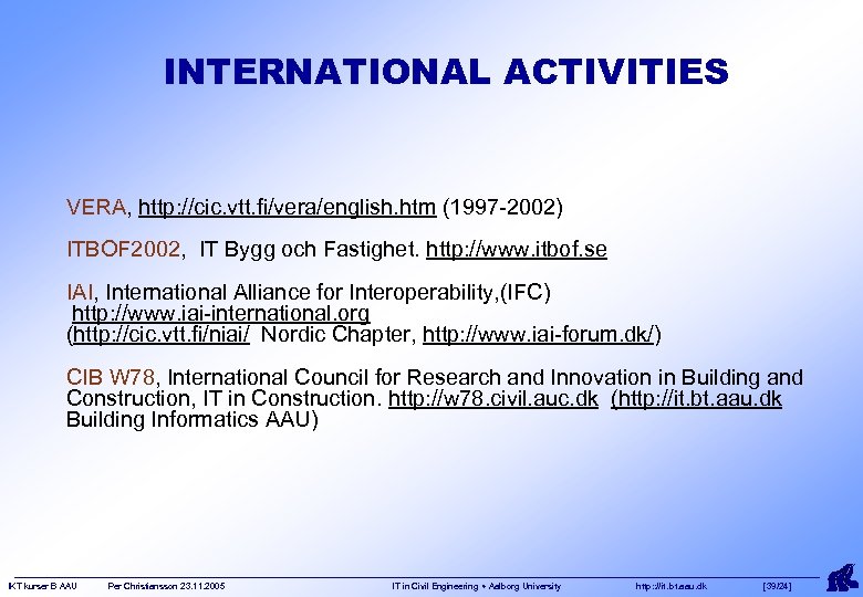 INTERNATIONAL ACTIVITIES VERA, http: //cic. vtt. fi/vera/english. htm (1997 -2002) ITBOF 2002, IT Bygg