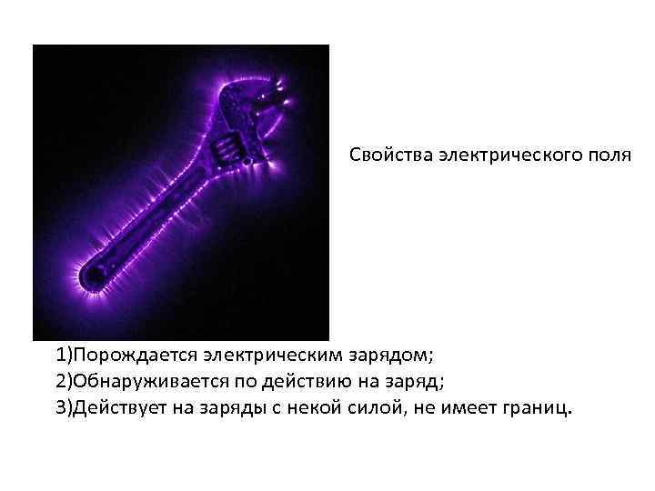 Свойства электрического поля 1)Порождается электрическим зарядом; 2)Обнаруживается по действию на заряд; 3)Действует на заряды