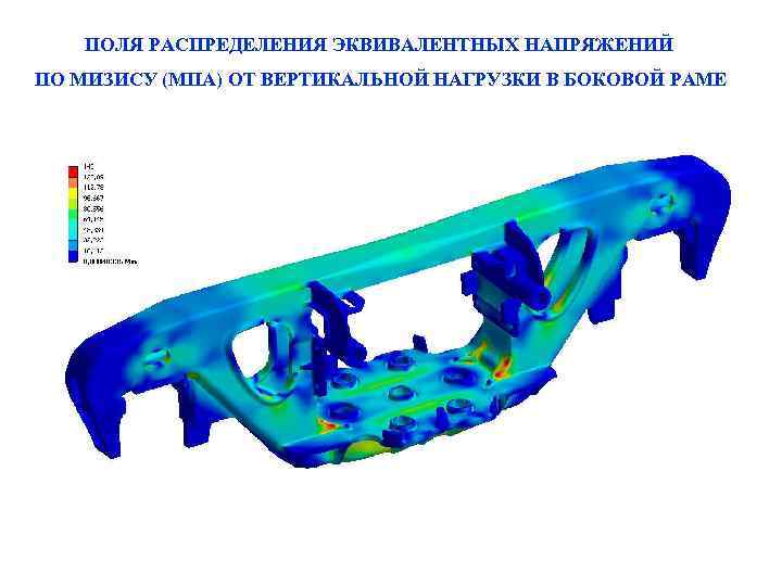 ПОЛЯ РАСПРЕДЕЛЕНИЯ ЭКВИВАЛЕНТНЫХ НАПРЯЖЕНИЙ ПО МИЗИСУ (МПА) ОТ ВЕРТИКАЛЬНОЙ НАГРУЗКИ В БОКОВОЙ РАМЕ 