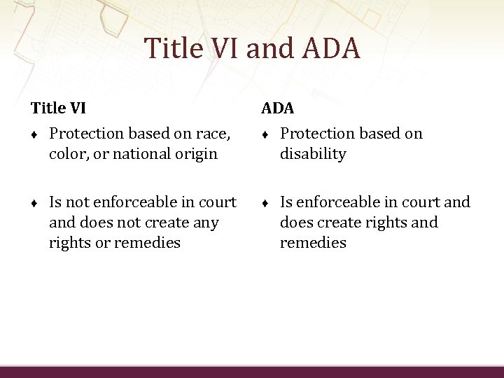 Title VI and ADA Title VI ADA ♦ Protection based on race, color, or