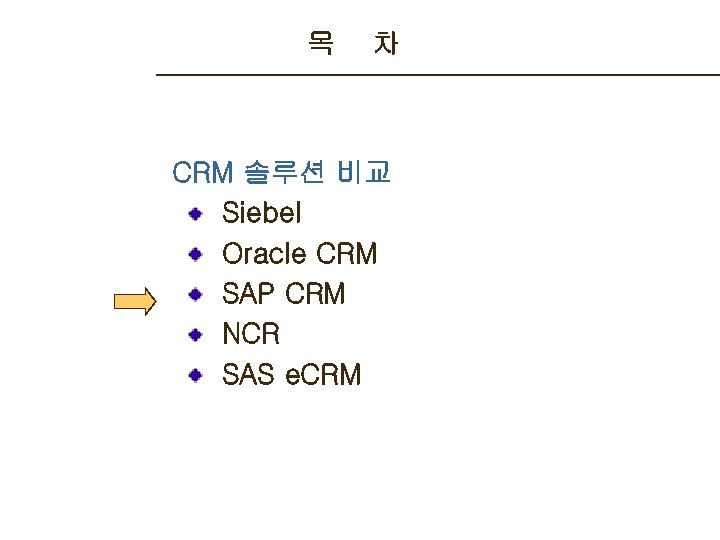 목 차 CRM 솔루션 비교 Siebel Oracle CRM SAP CRM NCR SAS e. CRM