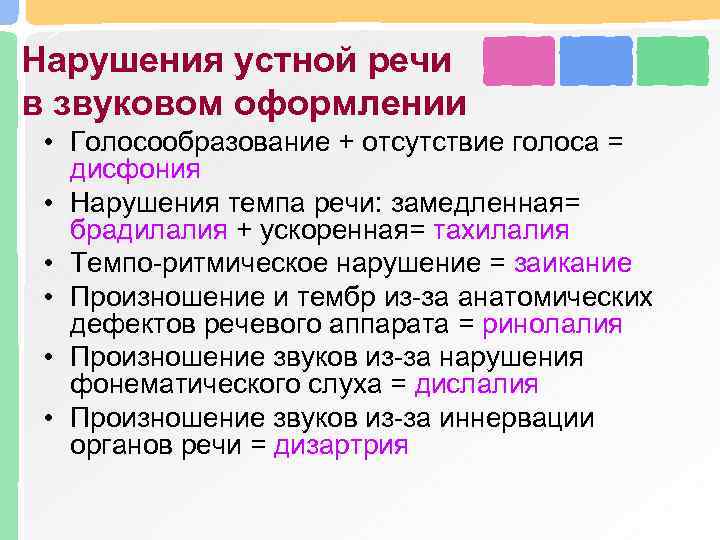 Нарушения устной речи в звуковом оформлении • Голосообразование + отсутствие голоса = дисфония •