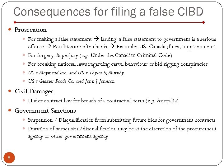 Consequences for filing a false CIBD Prosecution For making a false statement Issuing a