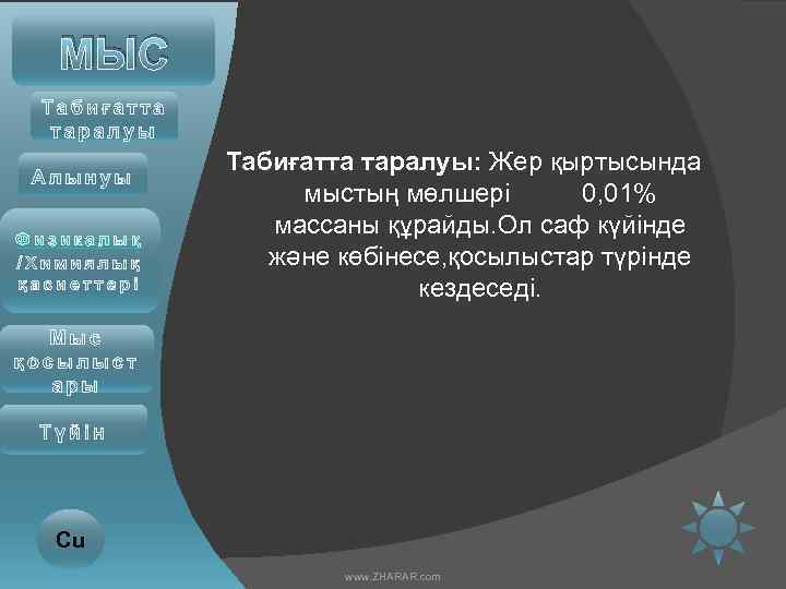 МЫС Физикалық Табиғатта таралуы: Жер қыртысында мыстың мөлшері 0, 01% массаны құрайды. Ол саф