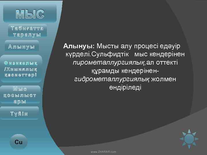 МЫС Физикалық Алынуы: Мысты алу процесі едәуір күрделі. Сульфидтік мыс кендерінен пирометаллургиялық, ал оттекті