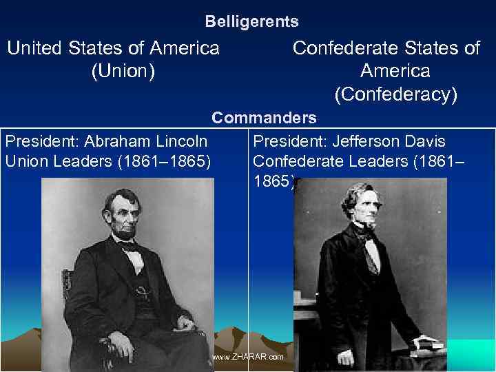  Belligerents United States of America (Union) Confederate States of America (Confederacy) Commanders President: