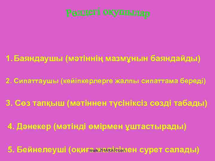 1. Баяндаушы (мәтіннің мазмұнын баяндайды) 2. Сипаттаушы (кейіпкерлерге жалпы сипаттама береді) 3. Сөз тапқыш