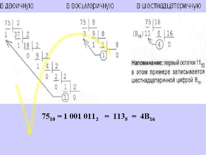 7510 = 1 001 0112 = 1138 = 4 B 16 