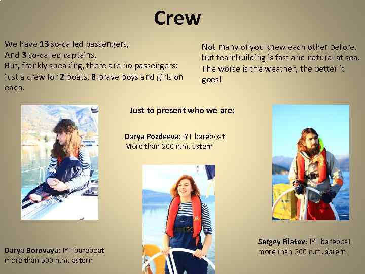 Crew We have 13 so-called passengers, And 3 so-called captains, But, frankly speaking, there