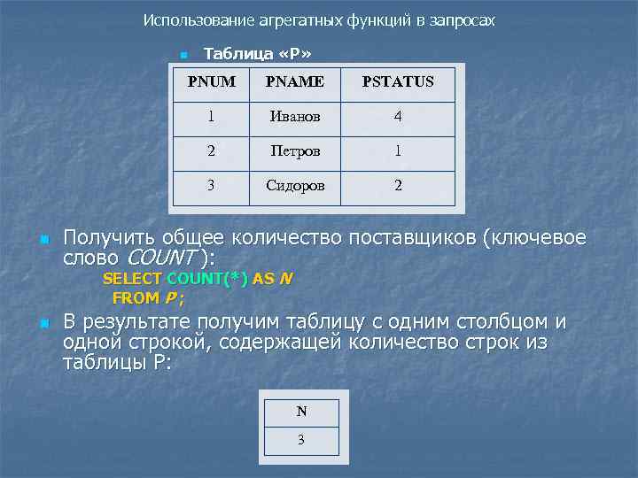 Использование агрегатных функций в запросах n Таблица «P» PNUM PSTATUS 1 Иванов 4 2