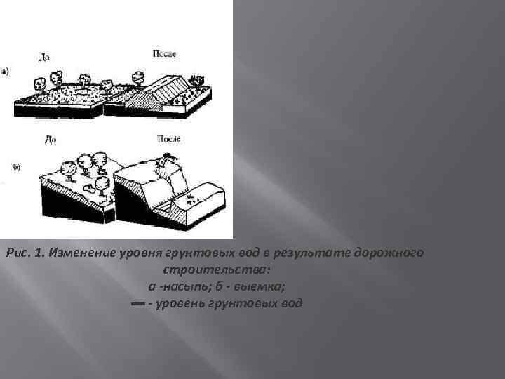 Рис. 1. Изменение уровня грунтовых вод в результате дорожного строительства: а -насыпь; б -