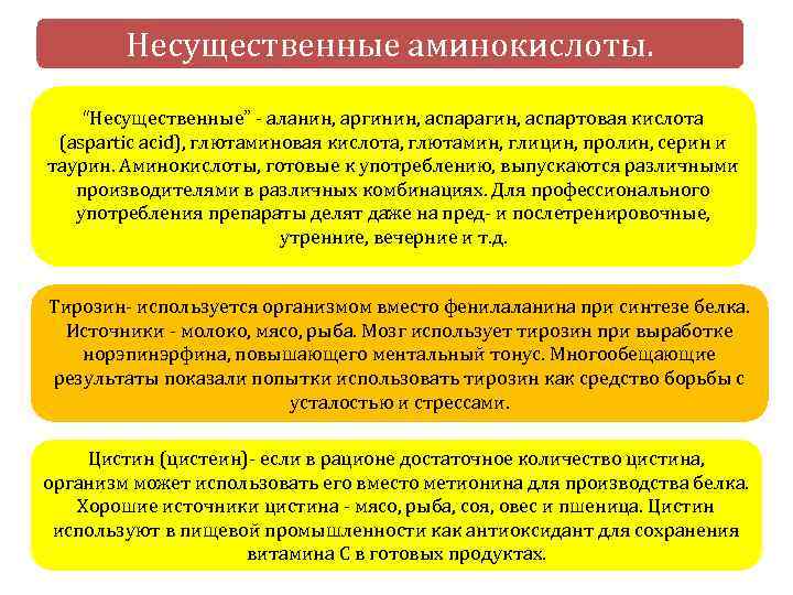 Несущественные аминокислоты. “Несущественные” - аланин, аргинин, аспарагин, аспартовая кислота (aspartic acid), глютаминовая кислота, глютамин,