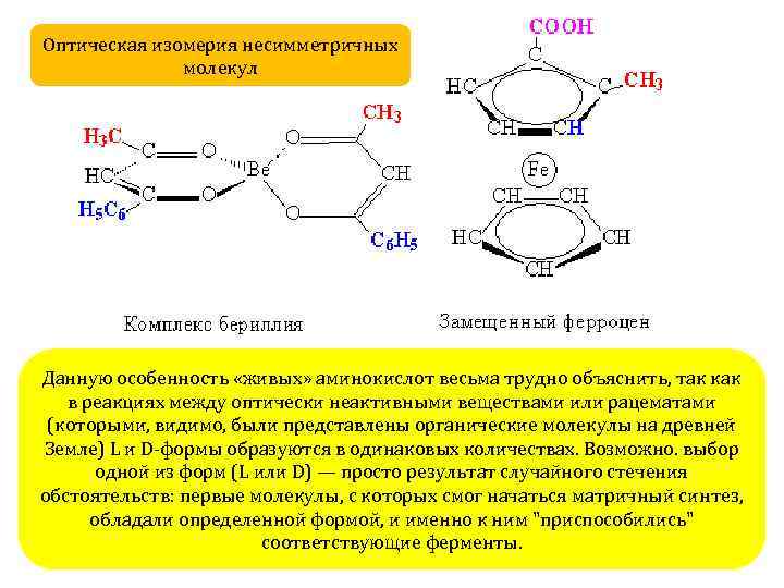 Оптическая изомерия несимметричных молекул Данную особенность «живых» аминокислот весьма трудно объяснить, так как в