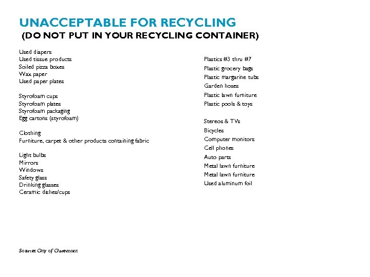 UNACCEPTABLE FOR RECYCLING (DO NOT PUT IN YOUR RECYCLING CONTAINER) Used diapers Used tissue