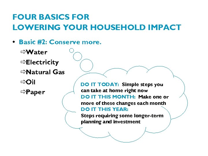 FOUR BASICS FOR LOWERING YOUR HOUSEHOLD IMPACT • Basic #2: Conserve more. ðWater ðElectricity