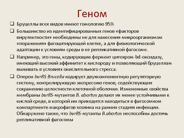 Геном q Бруцеллы всех видов имеют гомологию 95% q Большинство из идентифицированных генов «факторов