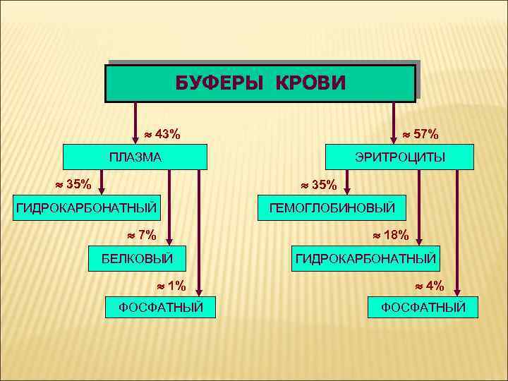 БУФЕРЫ КРОВИ 43% 57% ПЛАЗМА 35% ЭРИТРОЦИТЫ 35% ГИДРОКАРБОНАТНЫЙ ГЕМОГЛОБИНОВЫЙ 7% 18% БЕЛКОВЫЙ 1%