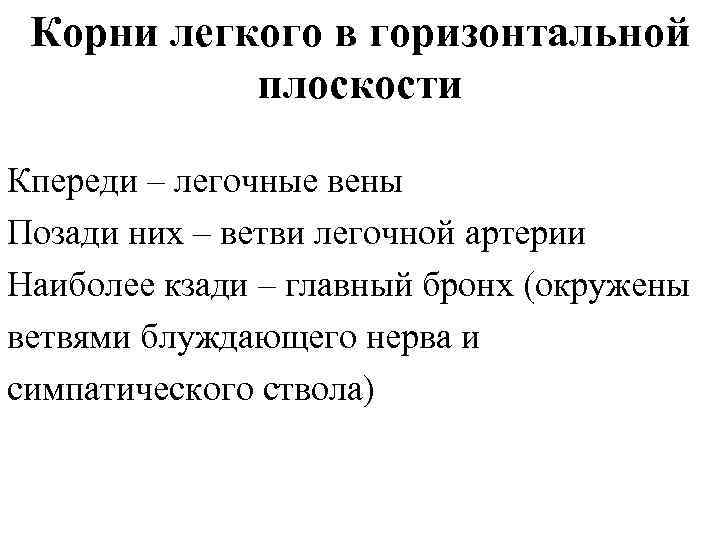 Корни легкого в горизонтальной плоскости Кпереди – легочные вены Позади них – ветви легочной