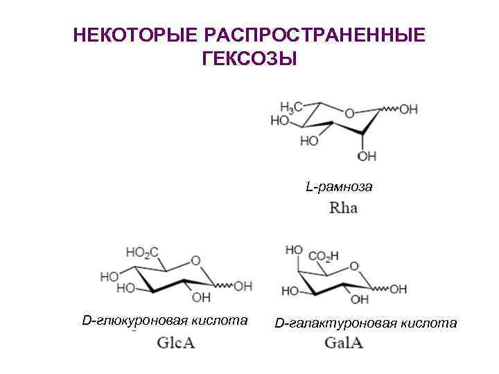 НЕКОТОРЫЕ РАСПРОСТРАНЕННЫЕ ГЕКСОЗЫ L-рамноза D-глюкуроновая кислота D-галактуроновая кислота 